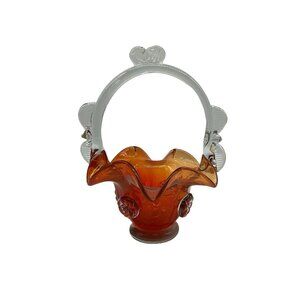 Vintage Hungarian Art Glass Burnt Orange And Clear 10 Inch Basket Collectible